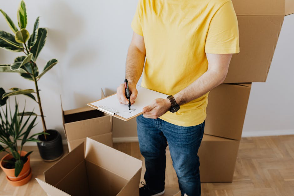 A person wearing a yellow t-shirt and blue jeans standing in a room filled with moving boxes and potted houseplants, holding a clipboard and writing with a black marker. The scene includes several cardboard boxes of varying sizes, some open and some stacked, on a wooden floor. The background features a white wall and natural lighting, suggesting a domestic setting preparing for a move or cleaning process. Kingston Carpet Cleaning offers professional deep cleaning and surface sanitisation services, ideal for end of tenancy cleaning in Kingston KT2, ensuring thorough hygiene and spotless results.