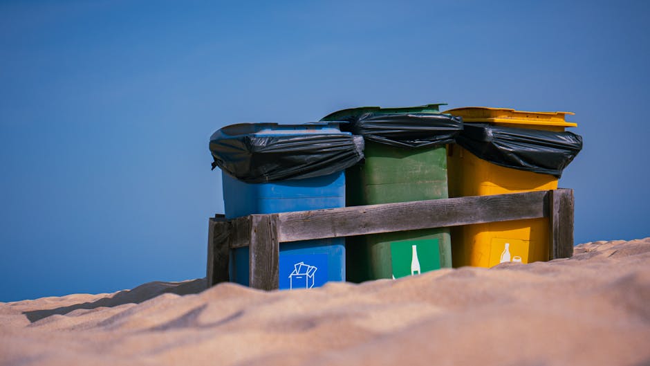 An outdoor scene featuring a wooden frame holding four color-coded waste bins on a sandy surface, with the blue bin designated for general waste, the green for recyclables, and the yellow for plastics, each fitted with black plastic liners. The bins are arranged neatly in a row under a clear, blue sky, indicating an organized waste disposal area consistent with Kingston council rules for waste and cleaning disposal. The area appears clean and well-maintained, and the presence of Kingston Carpet Cleaning emphasizes the importance of hygiene and proper waste management in maintaining a tidy environment.
