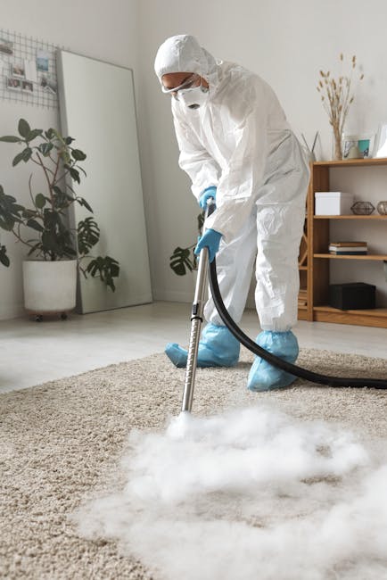 A professional cleaning specialist dressed in a full white protective suit, face mask, and orange gloves, operating a vacuum cleaner in a modern, well-lit residential space. The room features large windows allowing natural light, with a calm grey color palette on the walls and floor. In the background, two round, woven cushions are placed on the floor beside a dark grey sofa. This scene depicts surface cleaning and deep cleaning activities aimed at maintaining hygiene and pristine condition of the living environment. Kingston Carpet Cleaning offers comprehensive domestic cleaning and surface sanitisation services to ensure a spotless and healthy home, as highlighted in their Kingston cost guide.
