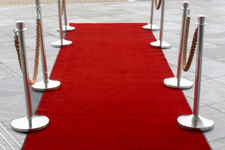 A vibrant red carpet used for surface cleaning and event walkways is laid out on a grey tiled floor outside the Rose Theatre in Kingston. The carpet is secured with silver stanchions connected by brown velvet ropes, creating a designated pathway. Bright natural lighting highlights the clean and well-maintained appearance of the carpet and surrounding area. Kingston Carpet Cleaning ensures thorough sanitisation and deep cleaning of surfaces like this to maintain hygiene and presentation for theatre events, with careful attention to detail in both residential and commercial environments.