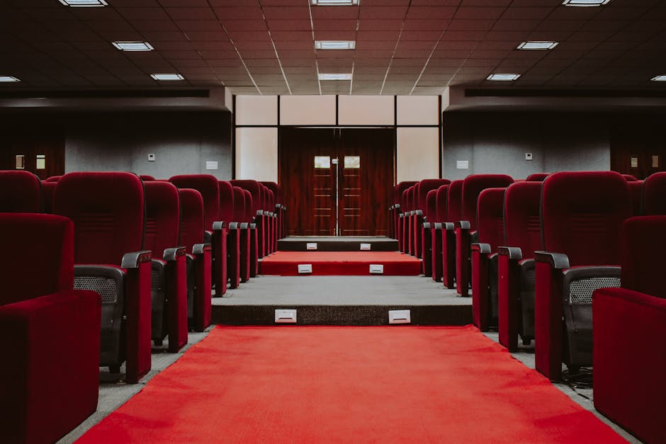 A vibrant red carpet used for surface cleaning and event walkways is laid out on a grey tiled floor outside the Rose Theatre in Kingston. The carpet is secured with silver stanchions connected by brown velvet ropes, creating a designated pathway. Bright natural lighting highlights the clean and well-maintained appearance of the carpet and surrounding area. Kingston Carpet Cleaning ensures thorough sanitisation and deep cleaning of surfaces like this to maintain hygiene and presentation for theatre events, with careful attention to detail in both residential and commercial environments.